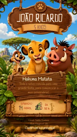 Convite de Aniversário Timão e Pumba Rei Leão Editável