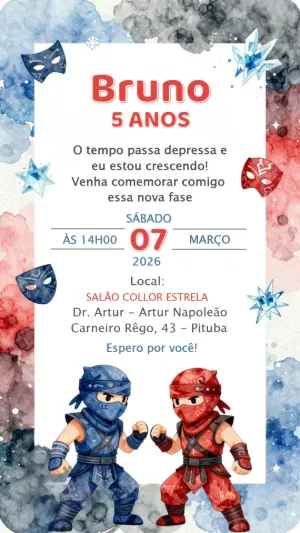 Convite de Aniversário Infantil Tema Ninja Editável