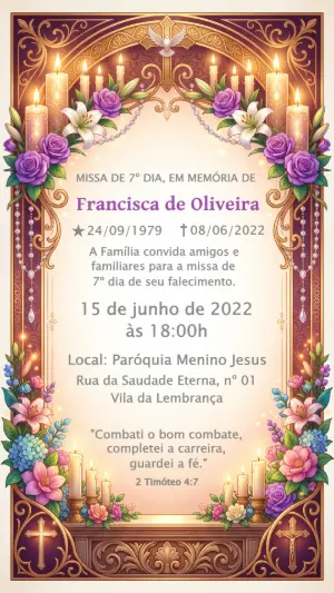 Convite Missa 7º Dia Roxo e Dourado Elegante para Editar