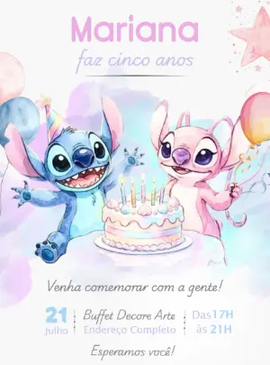 Convite de Aniversário Stitch e Angel Aquarela para Editar