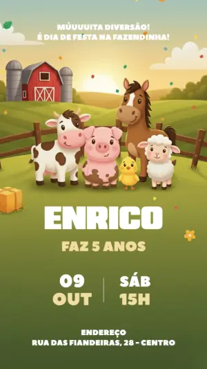 Convite Aniversário Fazendinha com Animais para Editar Online