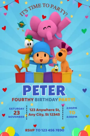 Colorful Pocoyo Birthday Party Invitation | Editable Template