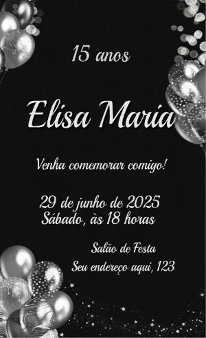 Convite Digital de 15 Anos Elegante Preto e Prata para Editar