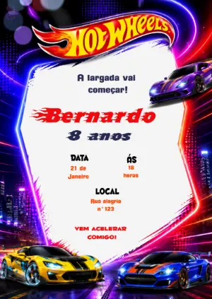 Convite de Aniversário Hot Wheels Digital para Editar