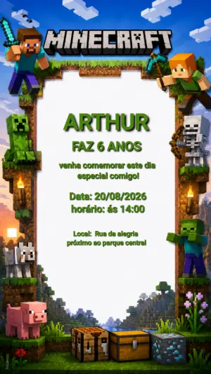 Convite de Aniversário Minecraft Editável para Festa Infantil