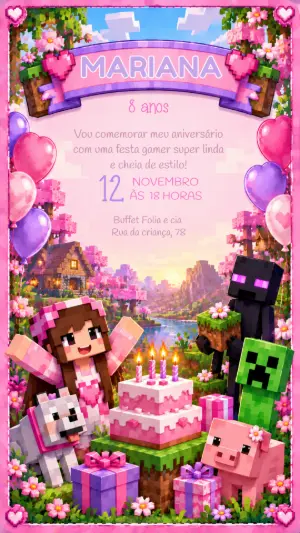 Convite Minecraft Rosa Aniversário de Menina Editável