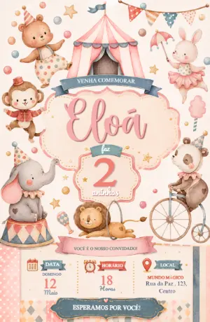 Convite de Aniversário Circo Rosa Aquarela para Editar