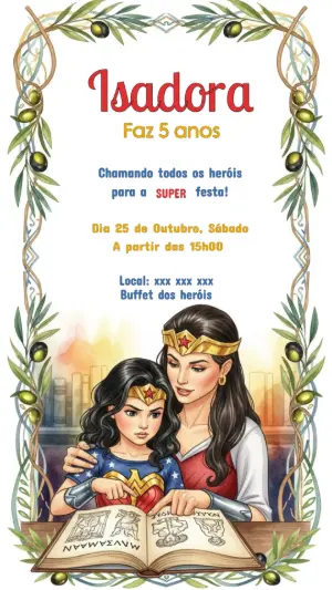 Convite Aniversário Mulher Maravilha Ilustrado para Editar