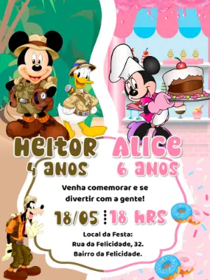 Convite de Aniversário Duplo Mickey e Minnie para Editar Online