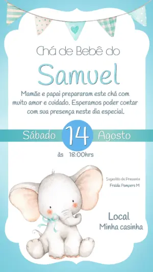 Convite de Chá de Bebê Elefantinho Azul Modelo Editável
