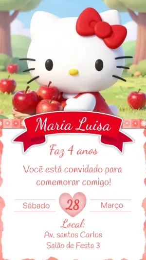 Convite de Aniversário Hello Kitty 3D com Maçãs para Editar