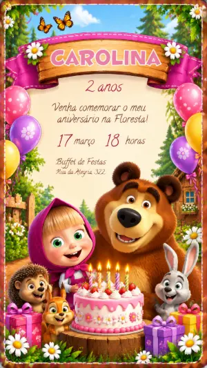 Convite de Aniversário Masha e o Urso Editável para Menina