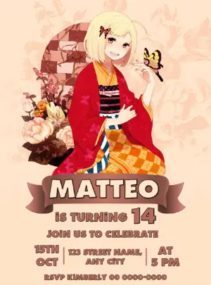 Anime Kimono Girl Birthday Invitation Editable Template