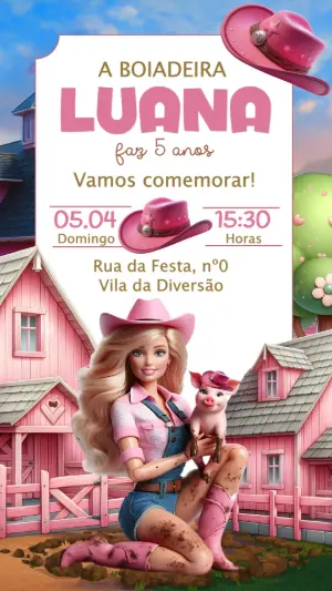 Convite de Aniversário Boiadeira Barbie Fazendinha para Editar