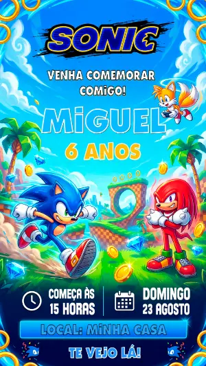 Convite de Aniversário Sonic: Modelo Digital Editável
