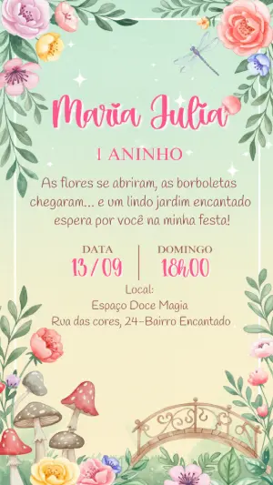 Convite Aniversário Jardim Encantado com Flores para Editar Online