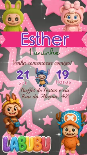 Convite de Aniversário Labubu com Bonecos para Editar Online
