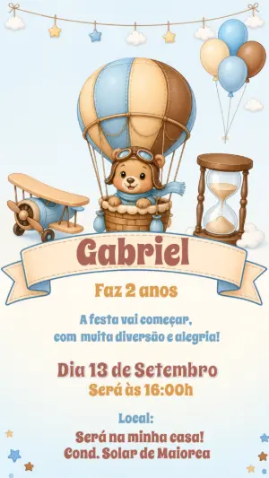 Convite Aniversário Ursinho Aviador e Balão Editável