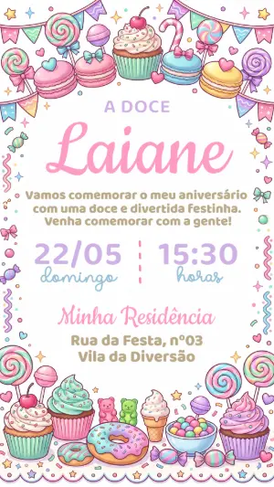Convite de Aniversário Infantil Confeitaria Doce Editável