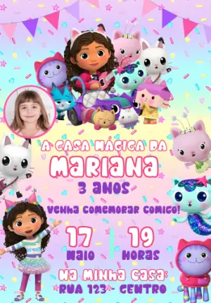 Convite de Aniversário Casa Mágica da Gabby com Foto Editável