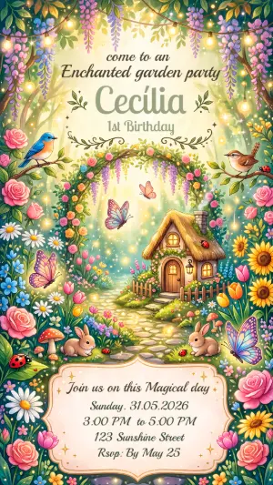 Invitación de cumpleaños Jardín encantado – Estático – Alegria no ar