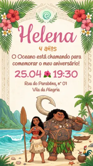 Convite de Aniversário Moana Tropical para Editar