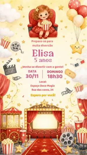 Convite de Aniversário Festa Cinema Editável com Menina