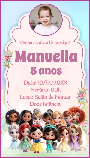 Convite de Aniversário Princesas Cute com Foto para Editar