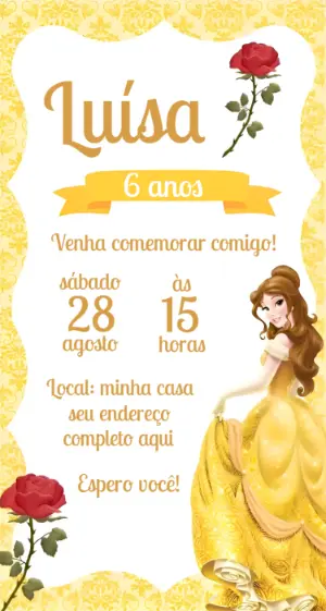 Convite de Aniversário A Bela e a Fera Dourado Editável