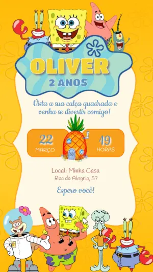 Convite de Aniversário Bob Esponja Colorido para Editar