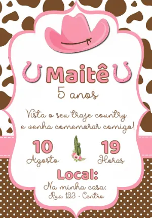 Convite Aniversário Country Boiadeira Rosa para Editar Online