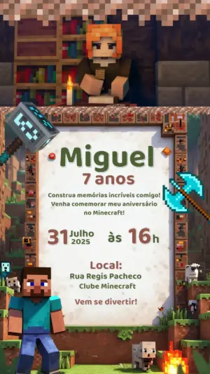 Convite Animado de Aniversário Minecraft para Editar Online