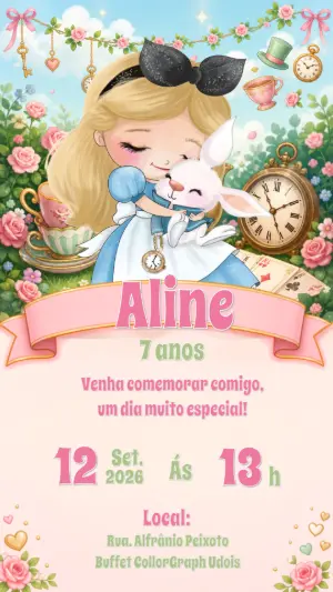 Convite Aniversário Alice no País das Maravilhas Editável