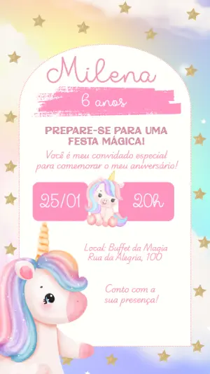 Convite de Aniversário Unicórnio Mágico para Editar Online