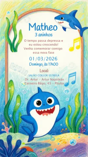 Convite de Aniversário Infantil Baby Shark Colorido para Editar