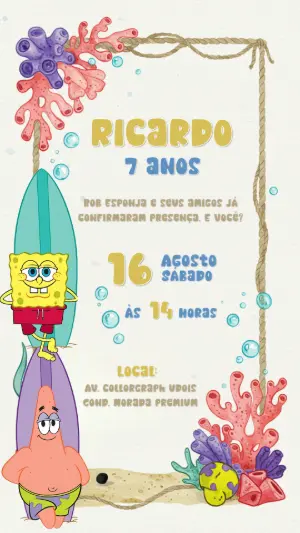 Convite Aniversário Bob Esponja e Patrick para Editar Online
