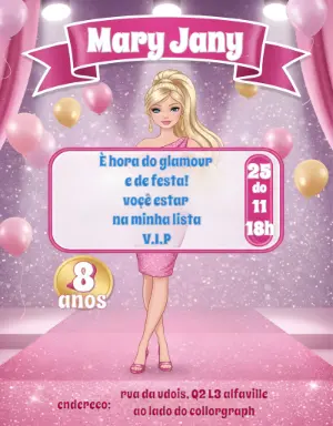 Convite de Aniversário Barbie Glamour para Editar Online