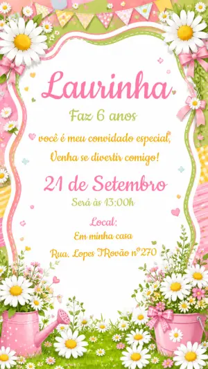 Convite de Aniversário Jardim das Margaridas Editável