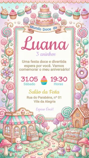Convite de Aniversário Mundo Doce Menina Editável