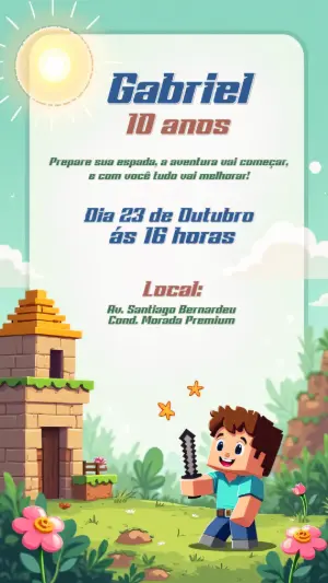 Convite de Aniversário Minecraft com Personagens para Editar
