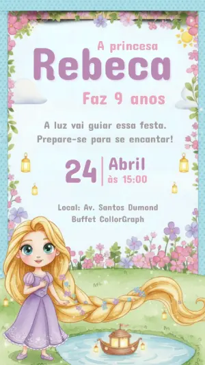Convite de Aniversário Rapunzel Estilo Aquarela para Editar