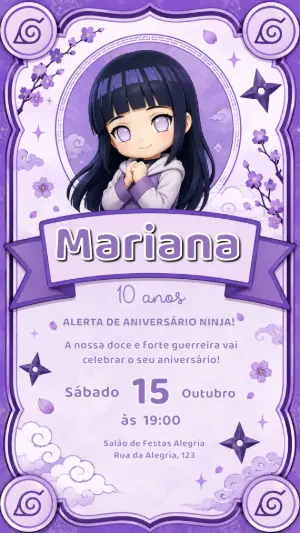 Convite de Aniversário Hinata Naruto Roxo Modelo Editável