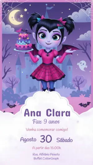 Convite de Aniversário Vampirinha Fofa Roxo Editável