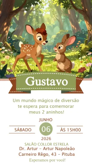 Convite Digital Aniversário Infantil Tema Bosque Encantado Editável