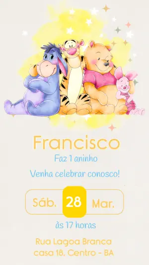Convite de Aniversário Ursinho Pooh Aquarela para Editar