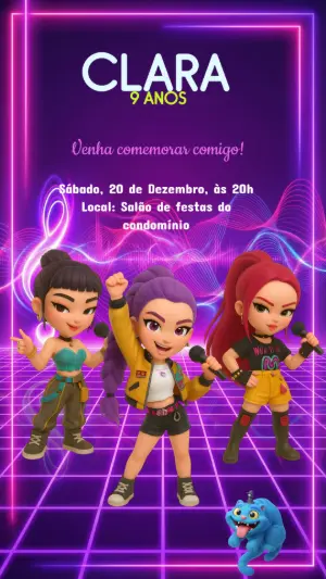 Invitation d'anniversaire KPop Demon Hunters – Statique – Arte Coelho Digital