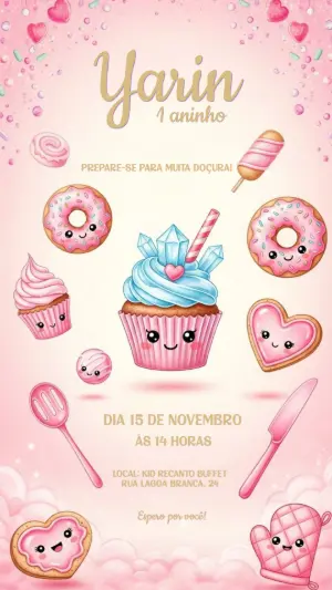 Convite Aniversário Mundo dos Doces Editável para Imprimir
