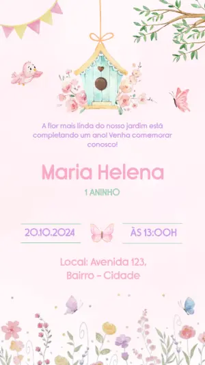 Convite Aniversário Infantil Jardim dos Pássaros Editável