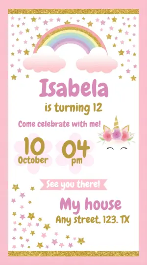 Unicorn Birthday Invitation | Pink & Gold Editable Template