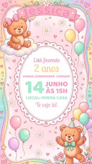 Convite de Aniversário Ursinha Fofa Rosa Modelo Editável